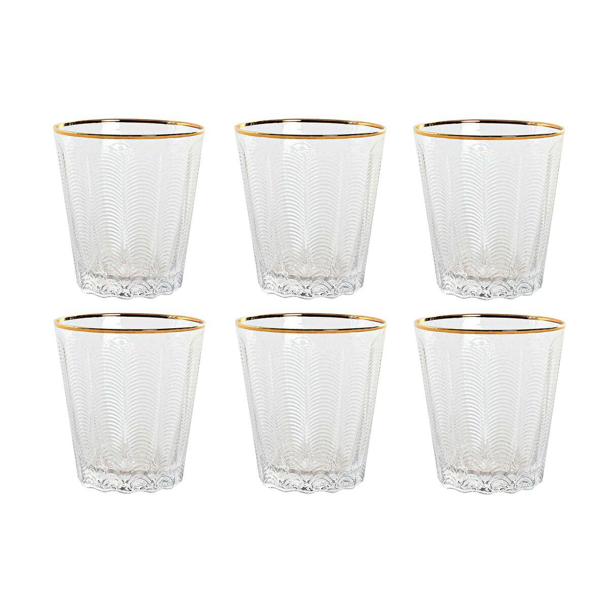 DKD Home Decor Vaso Glam de Cristal Transparente y Dorado 350ml Set de 6 apto para microondas y lavavajillas 9 x 10.5 x 9 cm