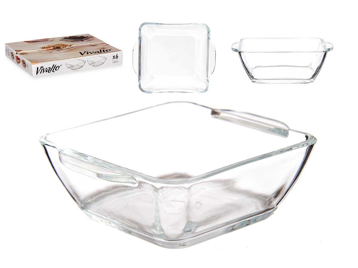 Vivalto Cazuela de Vidrio Cuadrada para Aperitivos 150 ml con Asas 10.5x3.5x9 cm Transparente (36 Unidades)
