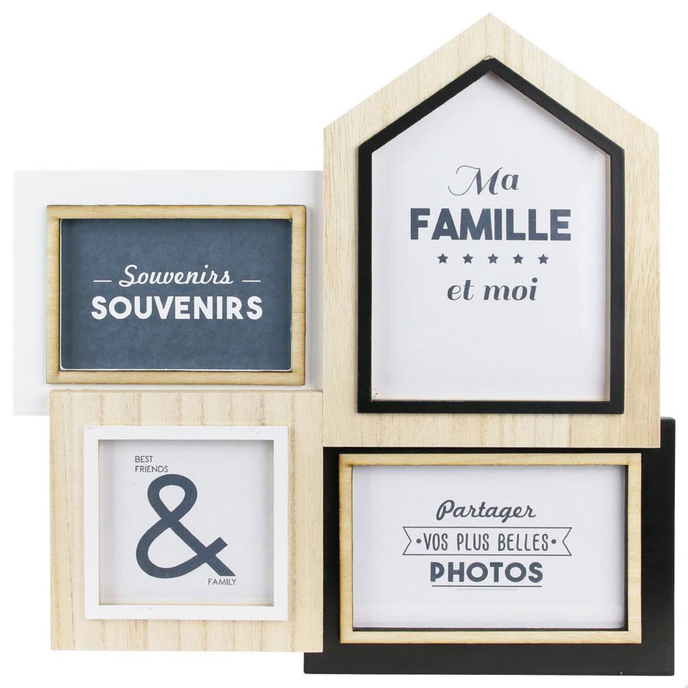 Home Deco Factory Marco 4 Fotos Vie En Famille, Madera Blanco y Negro, 34x1.5 cm, Altura 36 cm