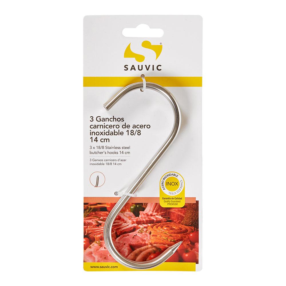 Sauvic Gancho carnicero acero inoxidable 18/8, 14 cm, 5 mm grosor, blíster 3 unidades