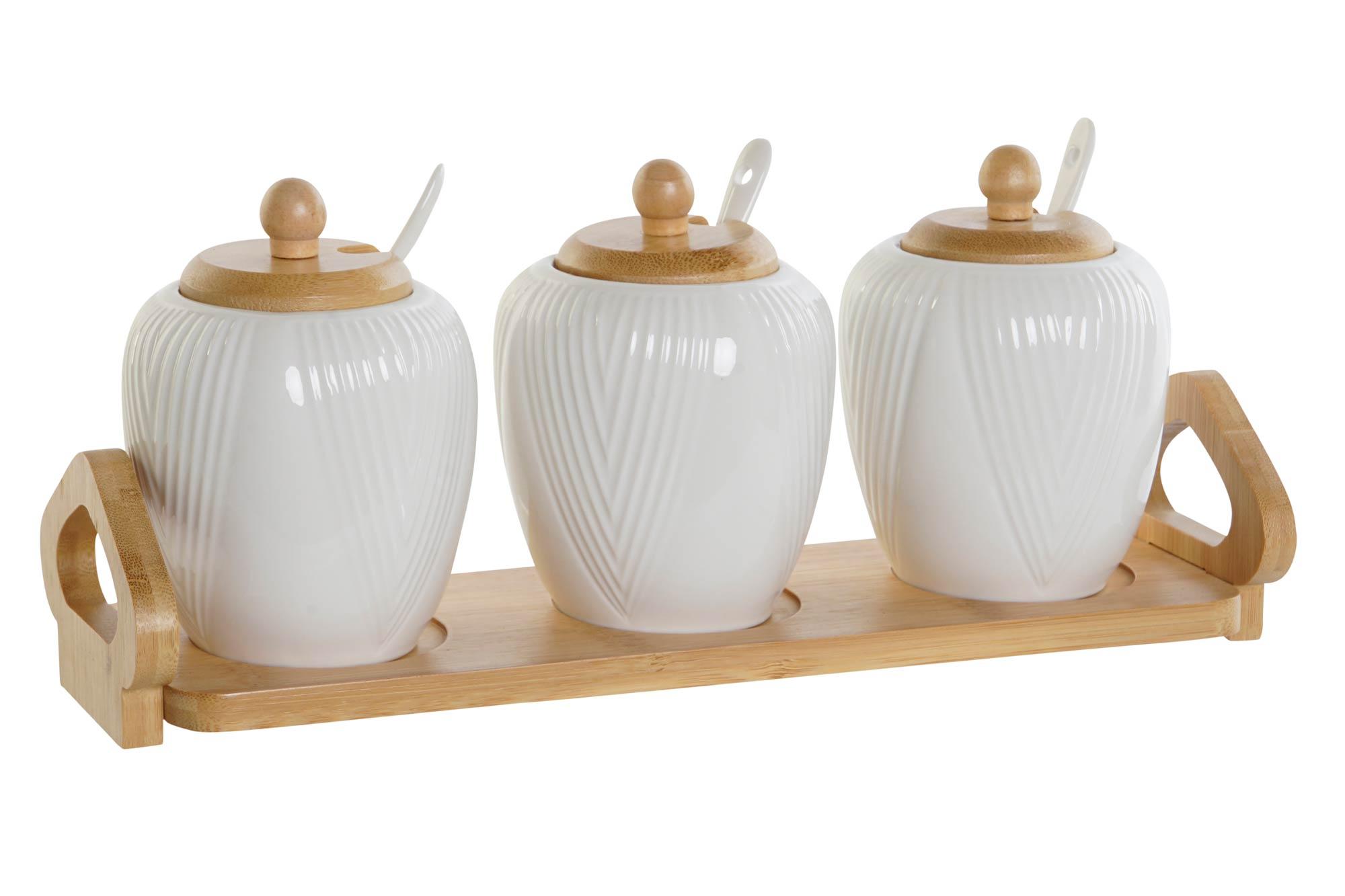 DKD Home Decor Azucarero Set de 4 Piezas, Colección Básicos, Porcelana y Bambú Blanco Natural, 9x7x31 cm, Apto para Lavavajillas