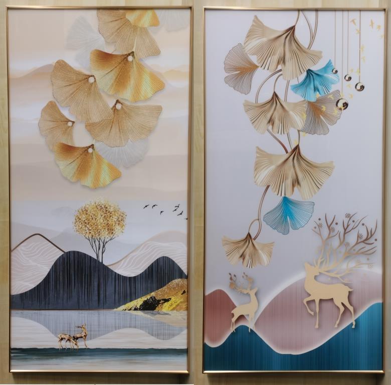 DKD Home Decor Cuadro Glam Decoración Pared, Diseño Hojas Montaña, Dorado Gris, 160x80 cm, Materiales Aluminio y MDF, Juego de 2 Unidades