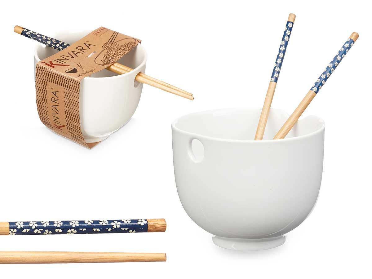 Kinvara Bowl de Porcelana Asiático Blanco con Palillos de Bambú 24x10.7x13.3 cm (12 Unidades)