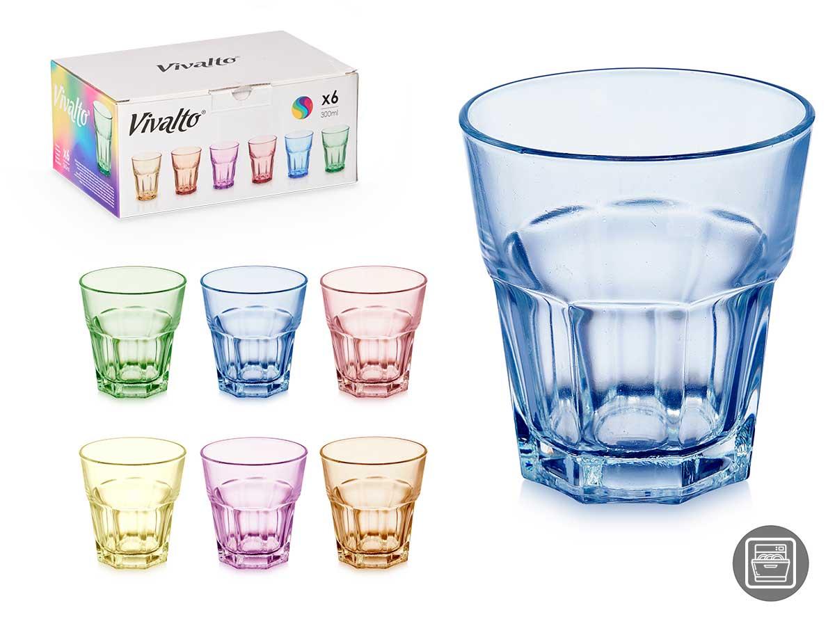Vivalto Vaso de Vidrio 300 ml Surtido 6 Colores (Amarillo, Azul, Naranja, Morado, Rosa, Verde) Apto Lavavajillas 8.6x9.5x8.6 cm (24 Unidades)