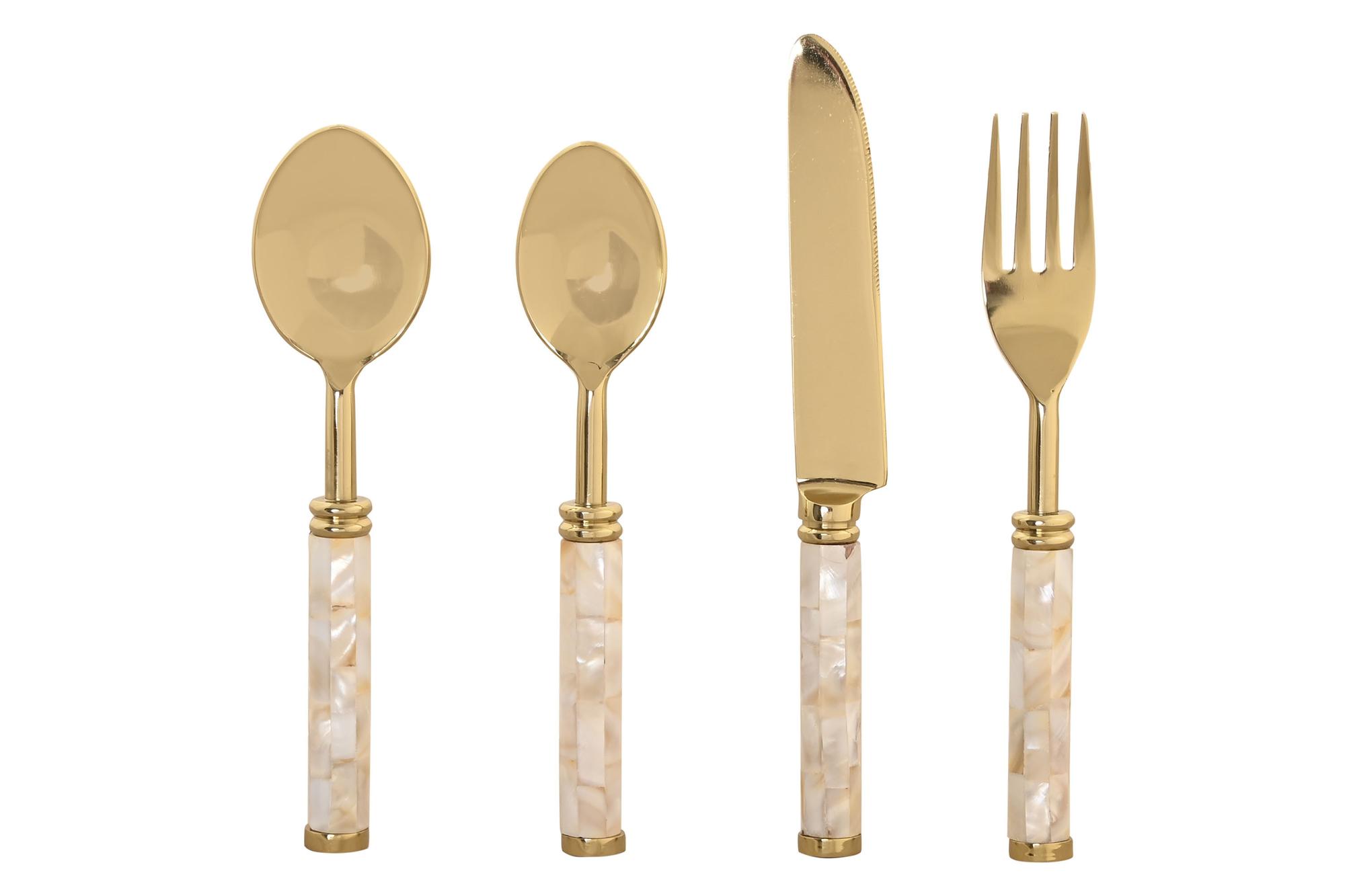 DKD Home Decor Cubertería Moderna de Acero Inoxidable y Nácar Blanco y Dorado, 16 Piezas