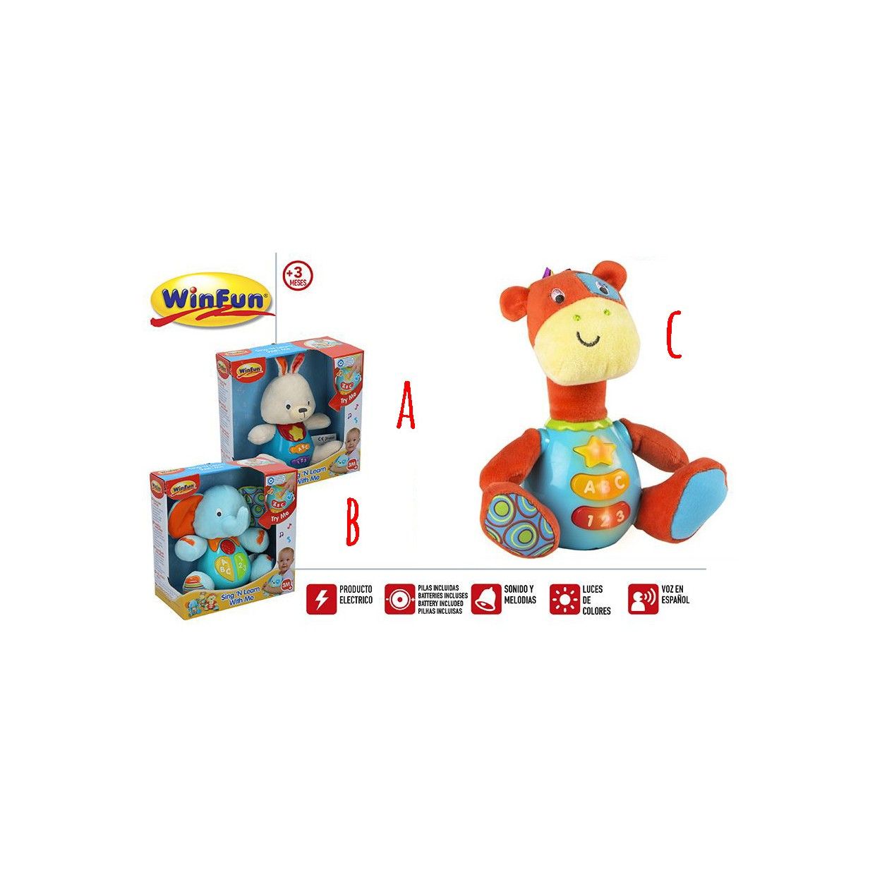 Peluche Animales con Luces de Colores y Sonidos/Melodias en Español. 3 Modelos a elegir. Original/Infantil. 20X15 cm-Hogarymas-