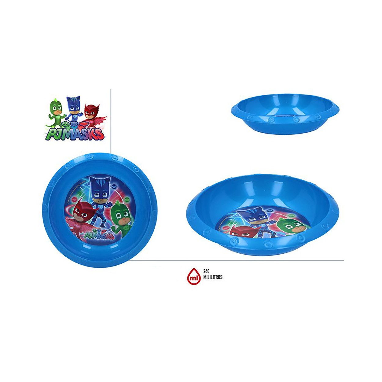Plato Hondo de Plástico Duro, 4 Unidades , Re-utilizable para Niños,  Color Azul, 260ML. Mod.  PJ Masks - Hogar y Más