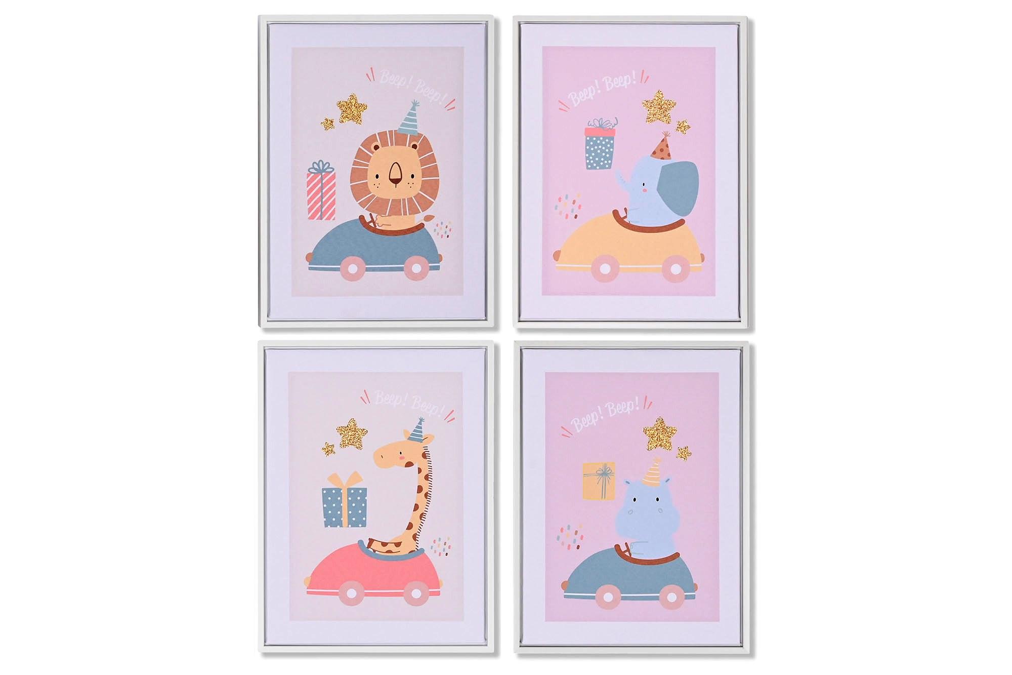 DKD Home Decor Cuadro Baby Infantil Animales Multicolor Lienzo y PS 40x30 cm Pack 12 Unidades Surtidas