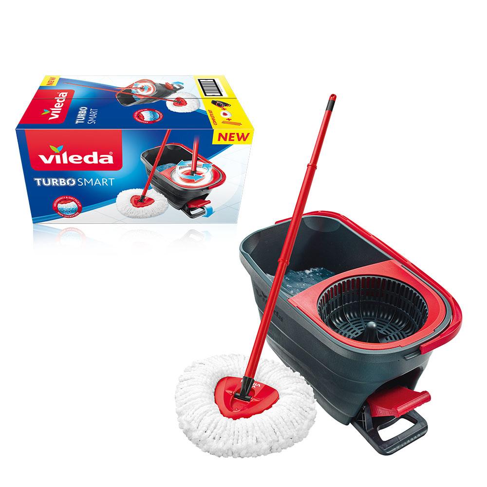 Vileda Set de Fregona y Cubo Turbo Smart con Escurridor Automático, Palo de 3 Piezas y Fregona 100% Microfibra - 5 Litros, Gris/Rojo