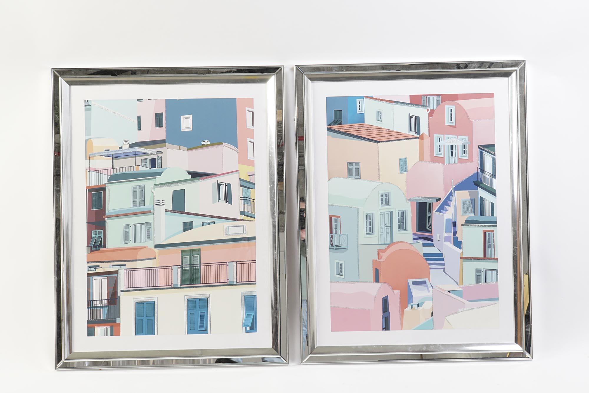 DKD Home Decor Set de 2 Cuadros Decorativos Urban Casas Multicolor 89x69 cm PS y Plexiglas