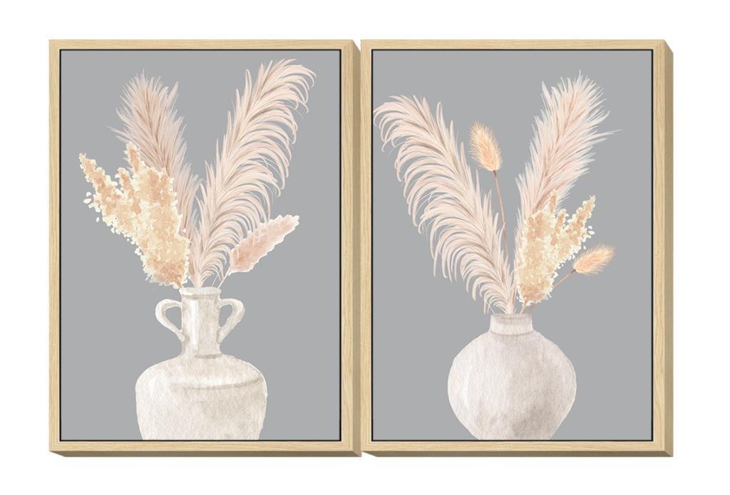 DKD Home Decor Cuadro Shabby Chic con Jarrones Gris Beige 70x50x4 cm Decoración Mural Hecho a Mano Lienzo PS Set 2 Unidades