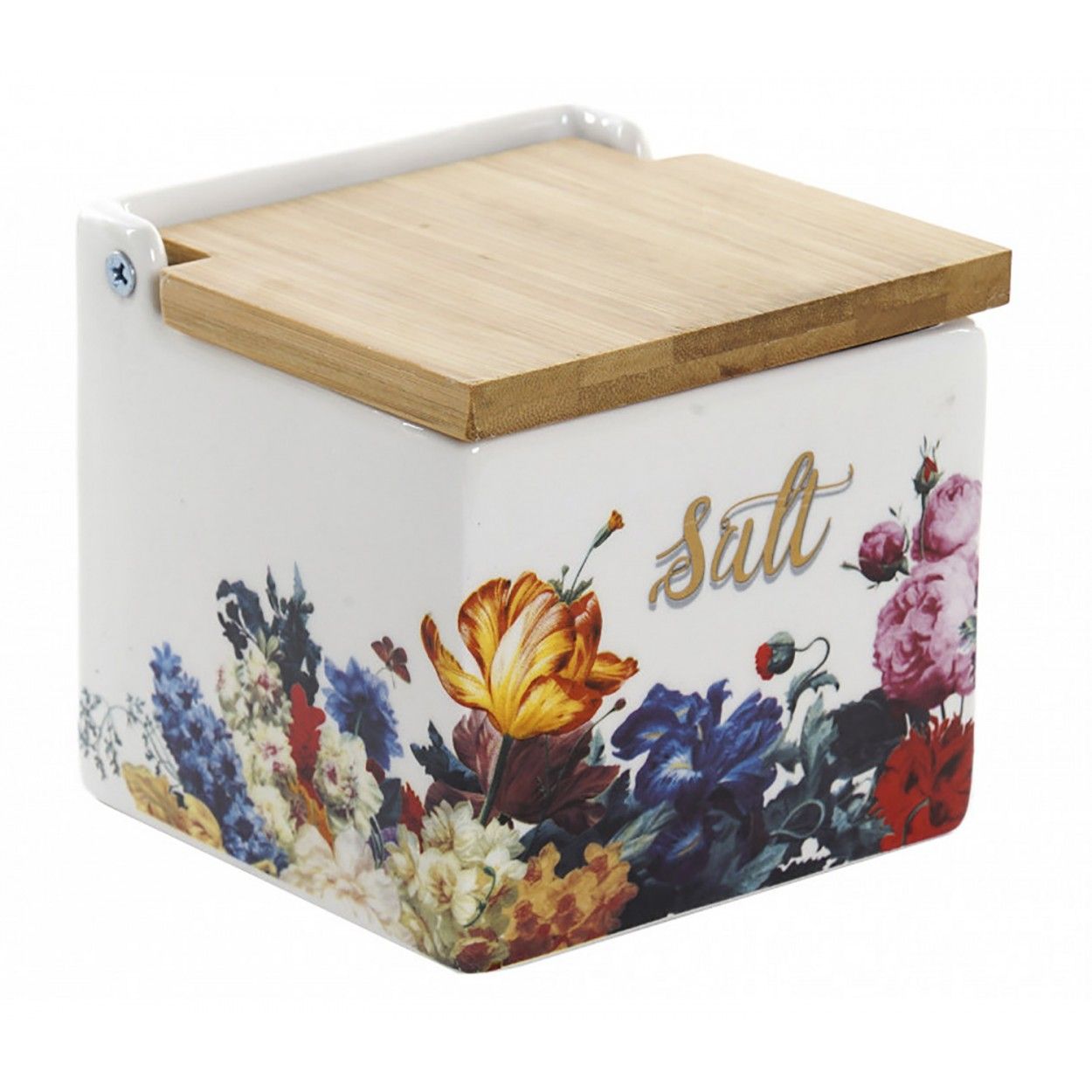 Salero Cocina Floral con Tapa de Madera Bambú, 750 ml, Almacenamiento de Especias. Tarro/Bote Conservas 11x11x11 cm
