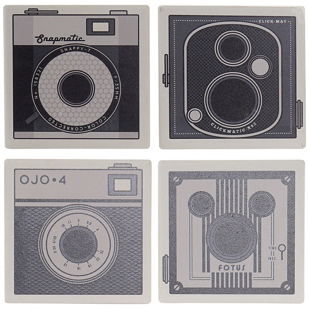 Set de 4 Posavasos, Cuadrados, Con Diseño de Cámara, Realizado en Dolomite. Diseño Vintage/ Moderno 10,8X10,8X0,7 cm