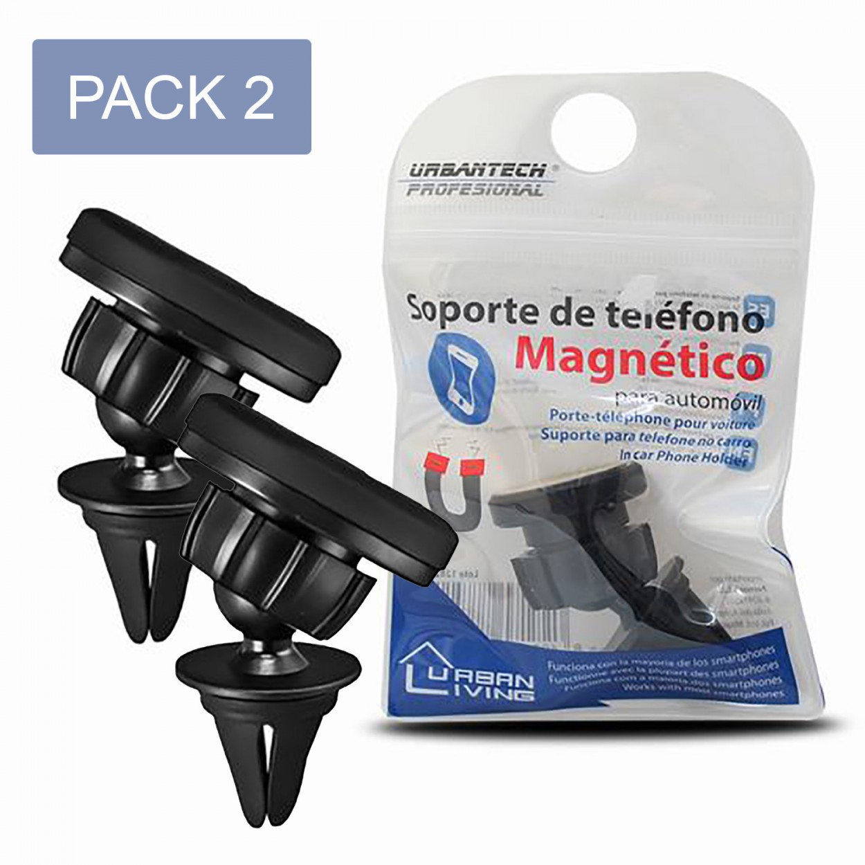 Soporte Móvil Magnético para Coche, PACK de 2 Soportes Giratorios Teléfono Universal para Rejilla - Hogar y Más