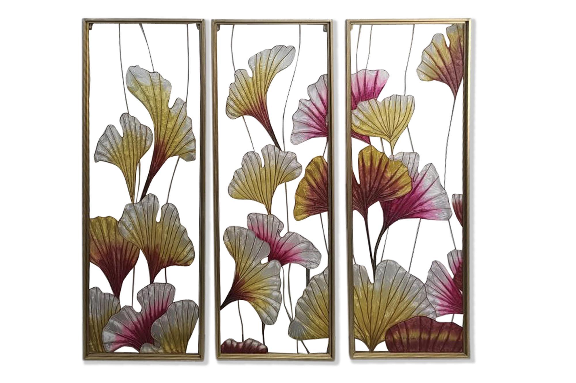 DKD Home Decor Decoración Pared Tropical Hojas de Metal y Cristal Amarillas Rosas Doradas Set de 3 Piezas 122x122cm