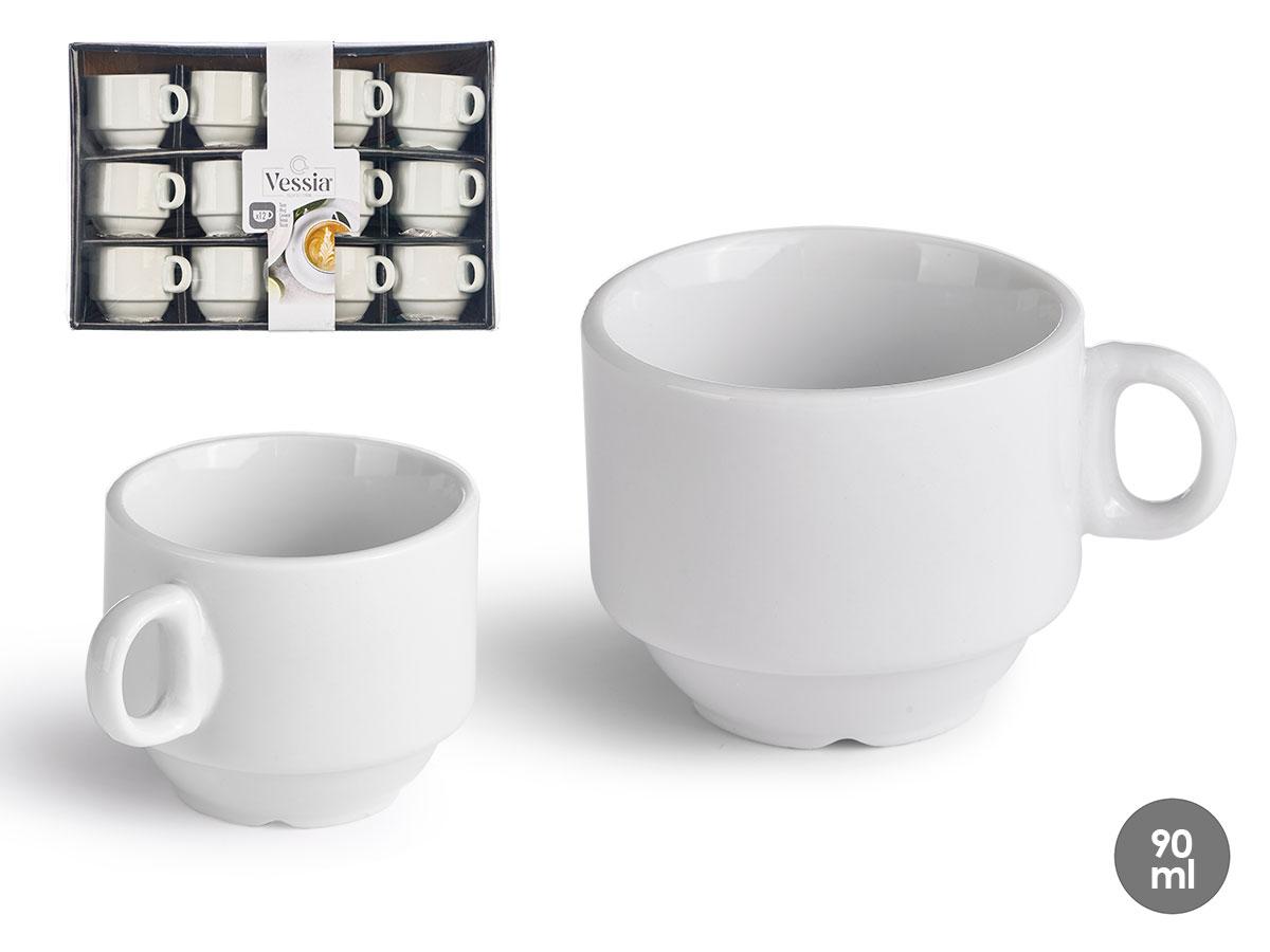 Vessia Taza de porcelana apilable, 90 ml, 8x5x6 cm, blanco (48 Unidades)