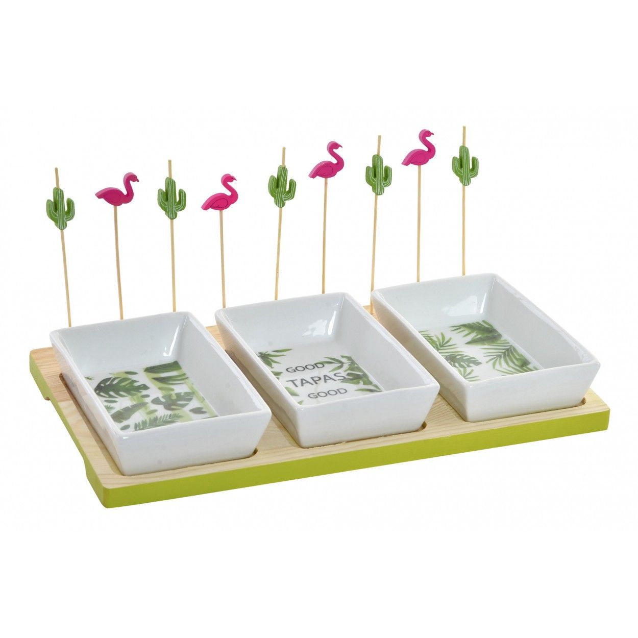 Tabla/Bandeja para Aperitivos de Madera y Vajilla (3 Cuencos de cerámica). Diseño Tropical/Original 28X12X16 cm