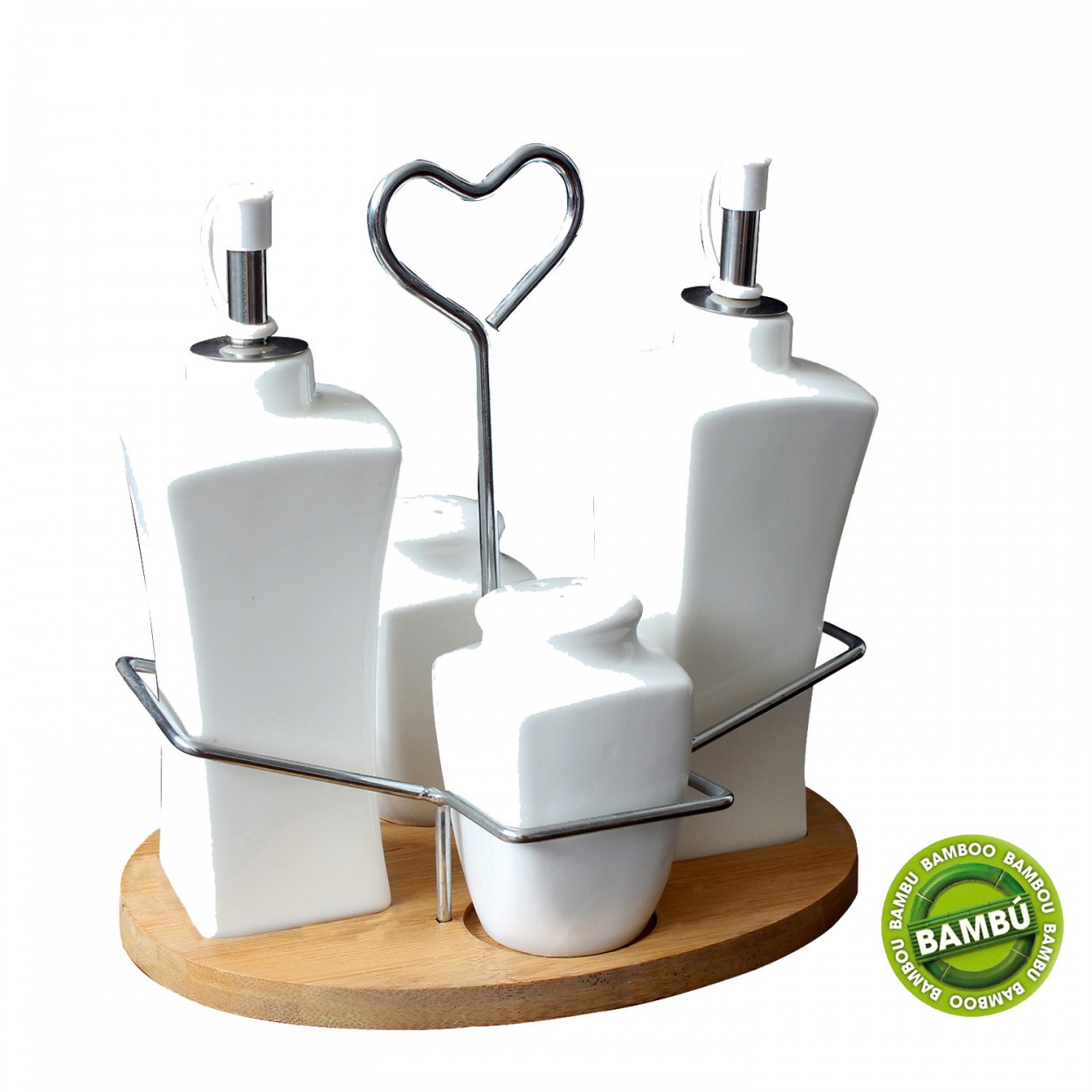 *TARA* Aceitera Vinagrera moderna de cerámica y bambú natural blanca para cocina