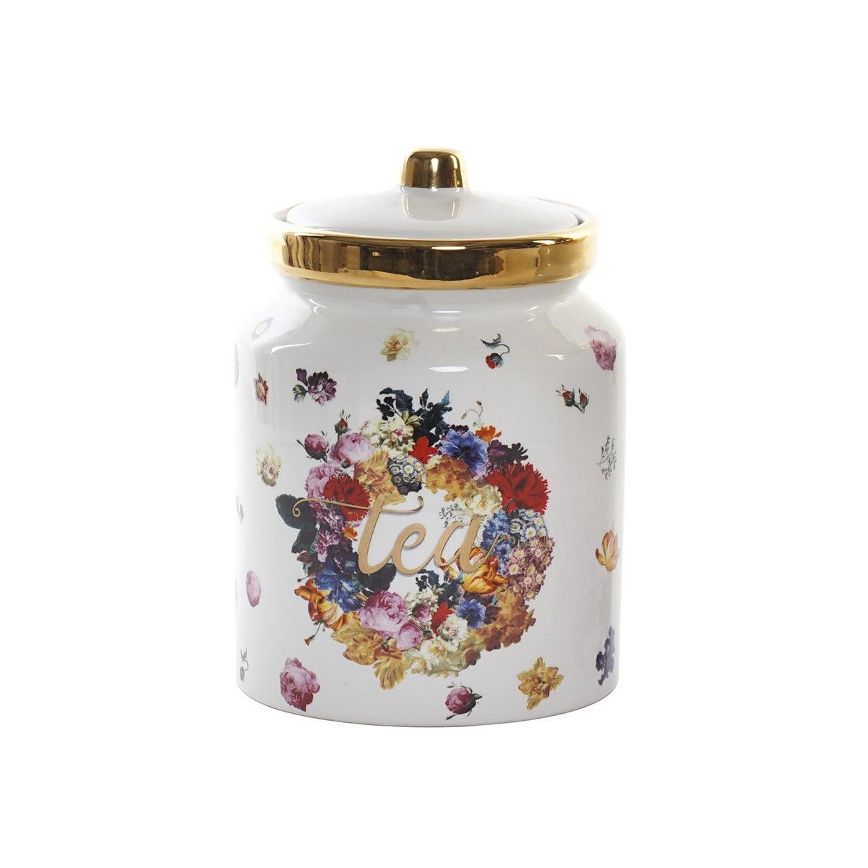 Tarro Almacenamiento de Especias Floral 1000 ml, Té, Azucar, Café. Bote de Conservas con Tapa Dorada 11,5x11,5x16,5 cm