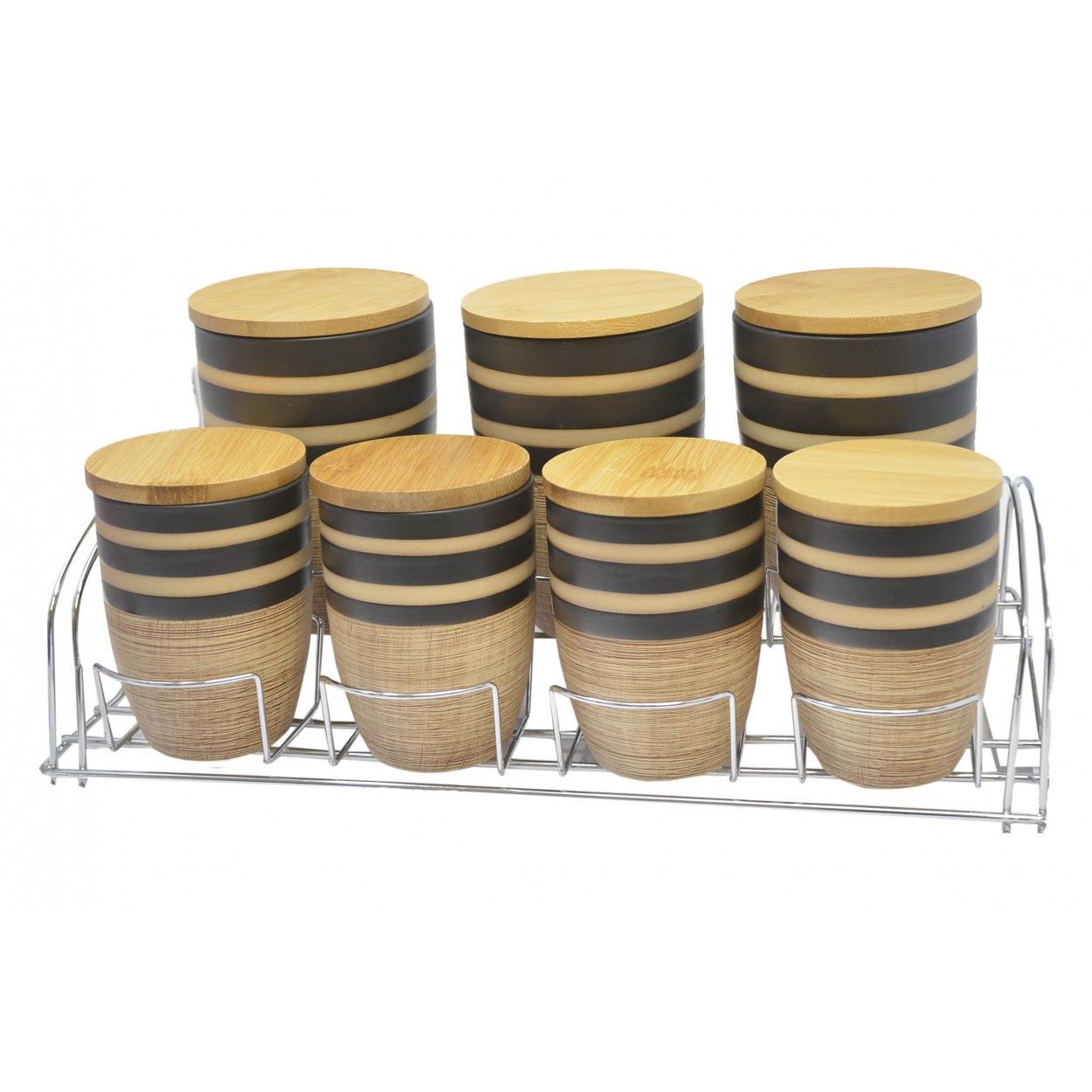 Tarros Cocina Almacenaje de Cerámica, Tapa Madera Bambú, Set 7.