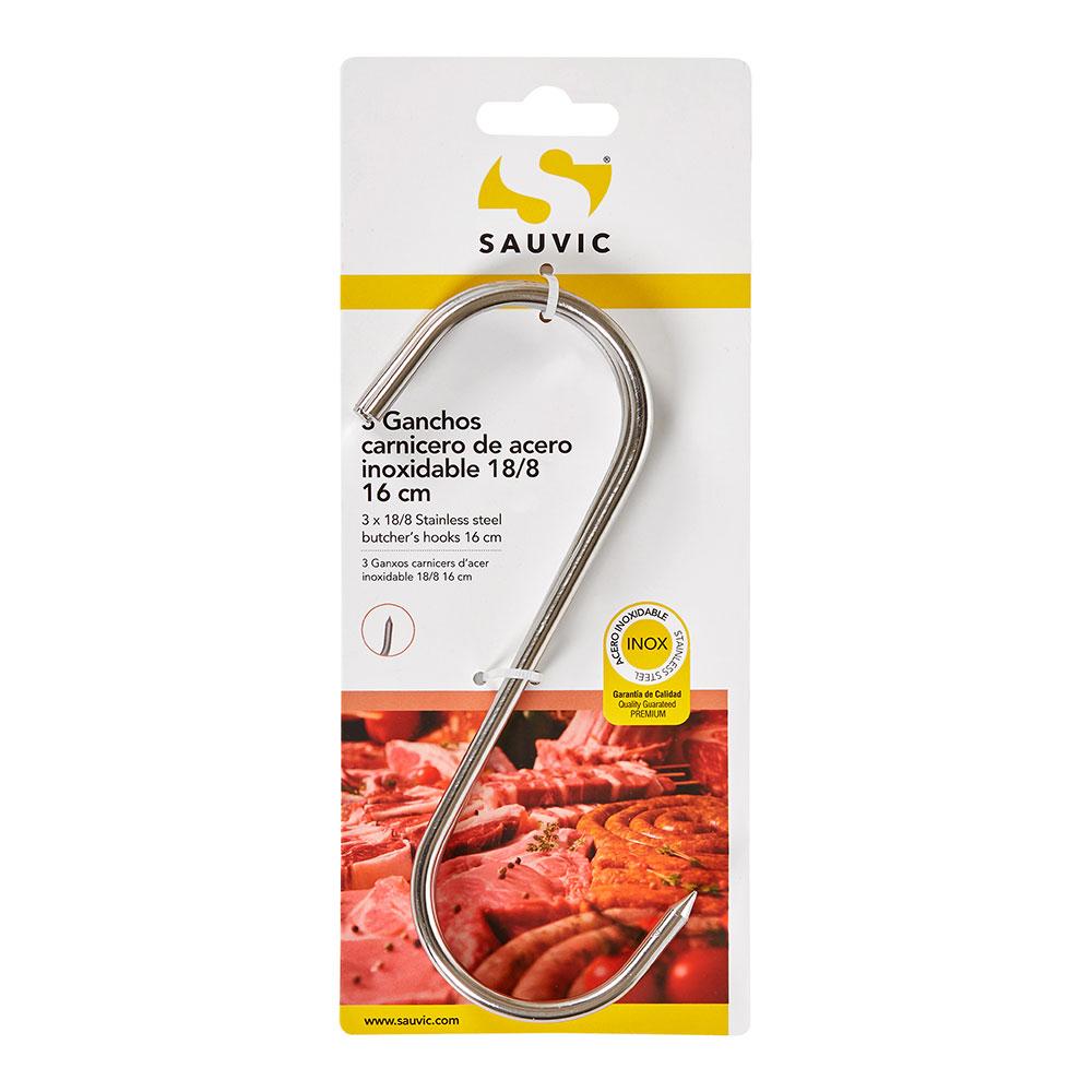 Sauvic Gancho carnicero acero inoxidable 18/8, 16 cm x 5 mm, blíster 3 unidades