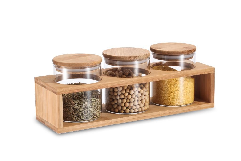 DKD Home Decor Juego de 3 Botes Recipientes de Almacenamiento Básicos de Borosilicato y Bambú Natural 11x11.5x31 cm