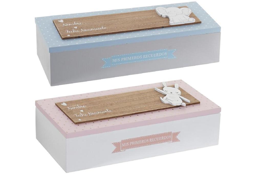 DKD Home Decor Caja Decorativa Baby Colección Rabbits de MDF, set de 4 unidades en Azul y Rosa. Medidas: 8cm Largo, 6.5cm Alto, 24cm Ancho.