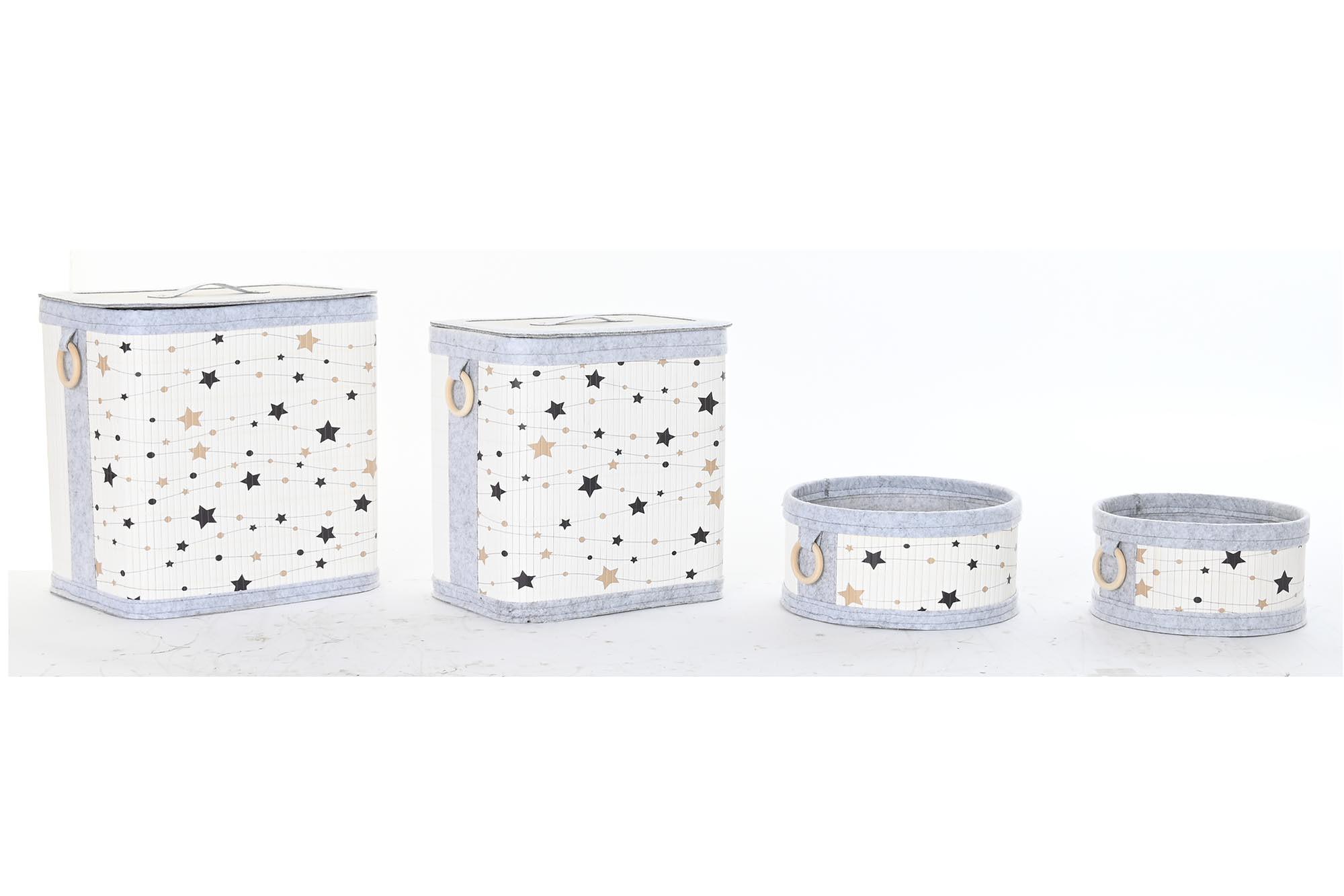 DKD Home Decor Juego 4 Cestas de Ropa para Colada Bambú Fieltro Blanco, Gris, Dorado, Negro con Estrellas 31x41x42 cm