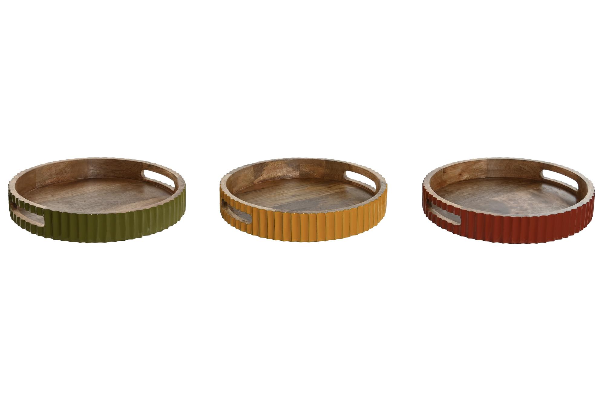 DKD Home Decor Sai white 23 Bandeja Colonial de Madera de Mango Verde Amarillo 30x30x5 cm Set 3 Unidades