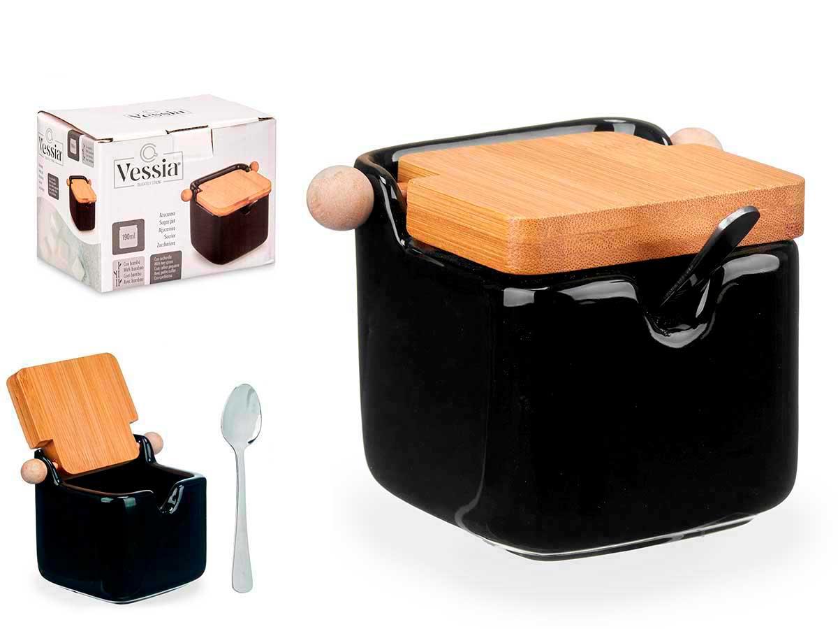 Vessia Azucarero de Cerámica Negro con Tapa de Bambú, 10x7x8 cm, 190 ml (6 Unidades)