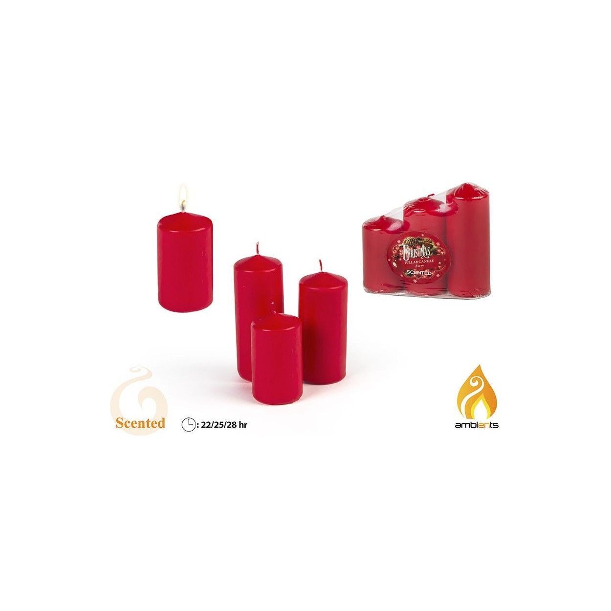 Vela Aromática Decorativa en Pack de 3. Color Rojo para ambiente Navideño. Original/Romántico 15,2X5X13,2 cm