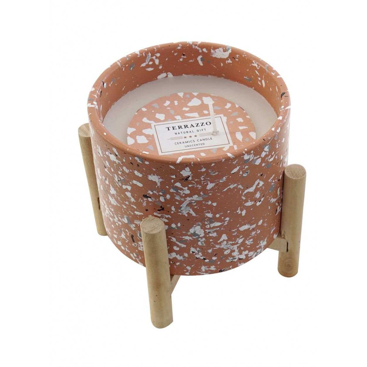 Vela de Cera, Decoración de Loza con Soporte de Madera. Diseño Terrazo, 2 Modelos a elegir 14x14x11,5 cm
