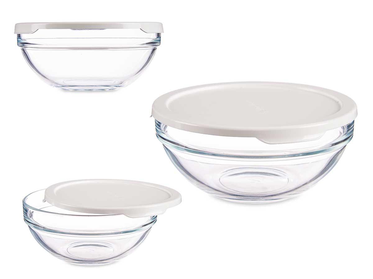 Pasabahce Fiambrera Redonda Chefs con Tapa Blanca 595 ml, Vidrio y Plástico, 14x6.3x14 cm (6 Unidades)