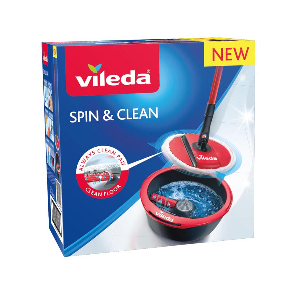 Vileda 161821 Fregona Giratoria Spin & Clean, Sistema de Limpieza con Rodillo Auto-Limpiante Mopa y Cubo Rojo/Negro Kit Completo