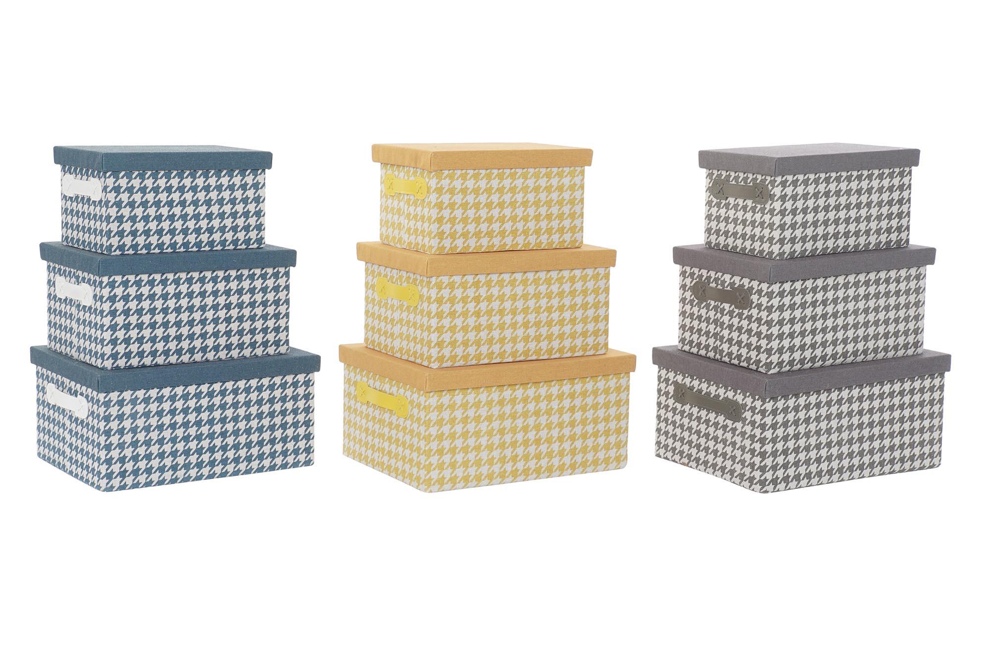 DKD Home Decor Caja de Almacenaje Decorativa Pata de gallo, Poliéster. Set de 3 Unidades, 30 cm Largo x 40 cm Ancho x 20 cm Alto, Colores Surtidos