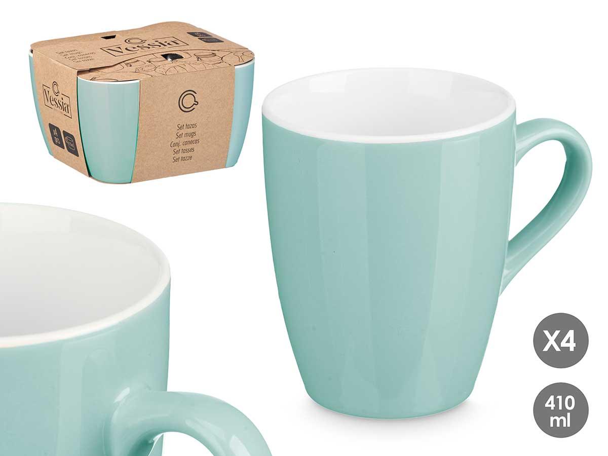 Vessia Set de 4 Tazas de Porcelana Color Menta, con 410 ml de Capacidad por Taza y Medidas del Set de 20 x 11.7 x 18.5 cm (6 Unidades)