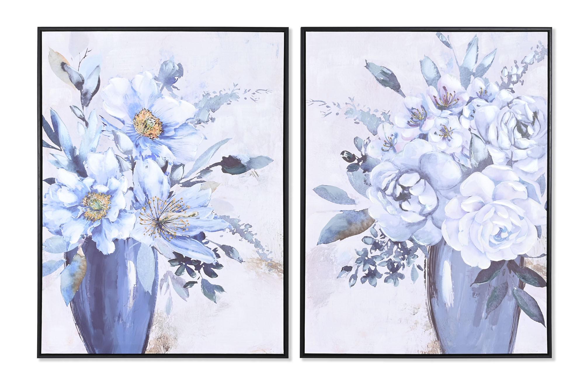 DKD Home Decor Cuadro Tradicional con Florero Hecho a Mano en Lienzo Azul y Blanco 80x60 cm (2 Unidades)
