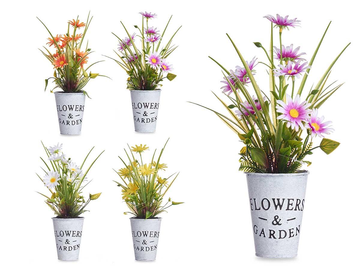 Ibergarden Planta Margarita Artificial de Plástico, Metal y Tela en Bote de Metal, Colores Surtidos, 15x31x15 cm, Maceta Ø8 cm (12 Unidades)