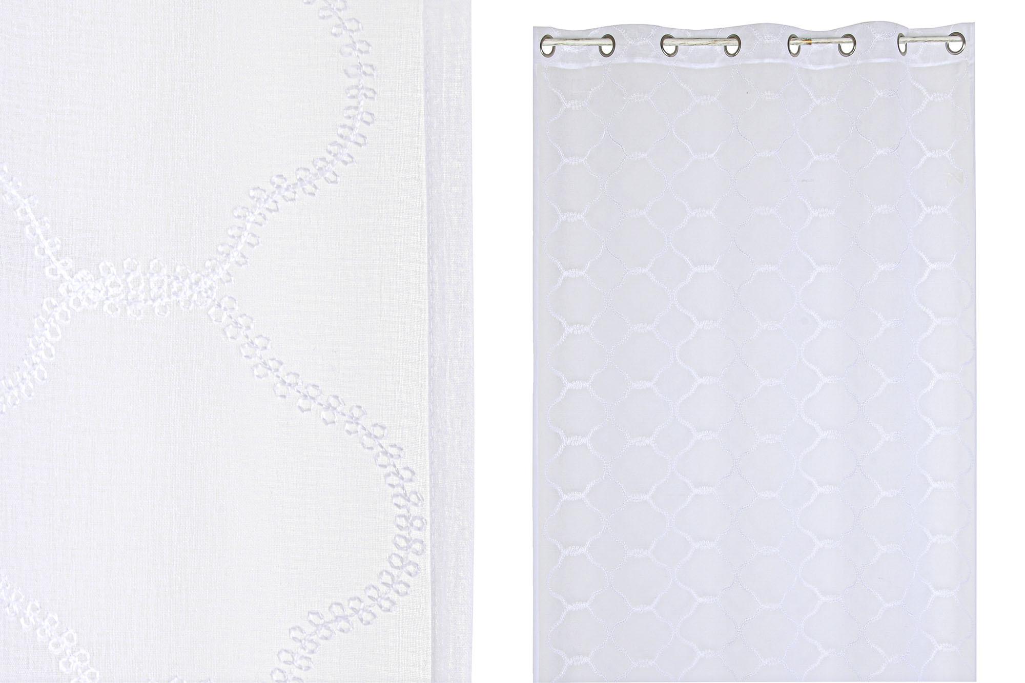 DKD Home Decor Cortina Estilo Básico de Poliéster Blanco Colección White23 Bordada con Anillas 140 cm Ancho x 260 cm Alto