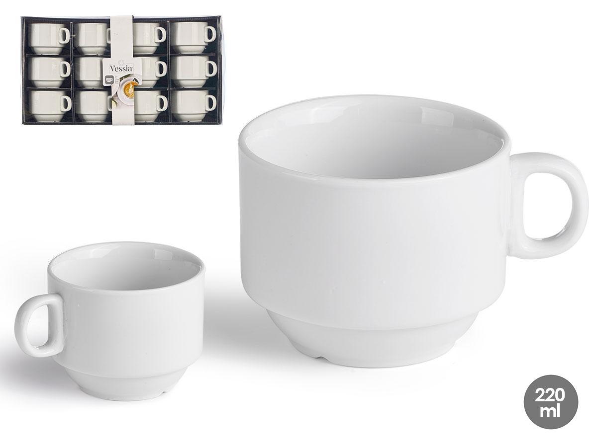 Vessia Taza de Porcelana Apilable 220 ml, 10.5x6.5x8 cm, Blanco (48 Unidades)